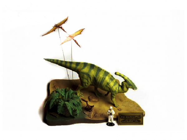 60103T Диорама Паразауролофы и три птеродактиля, один человек и дерево, подставка в виде ландшафта Tamiya