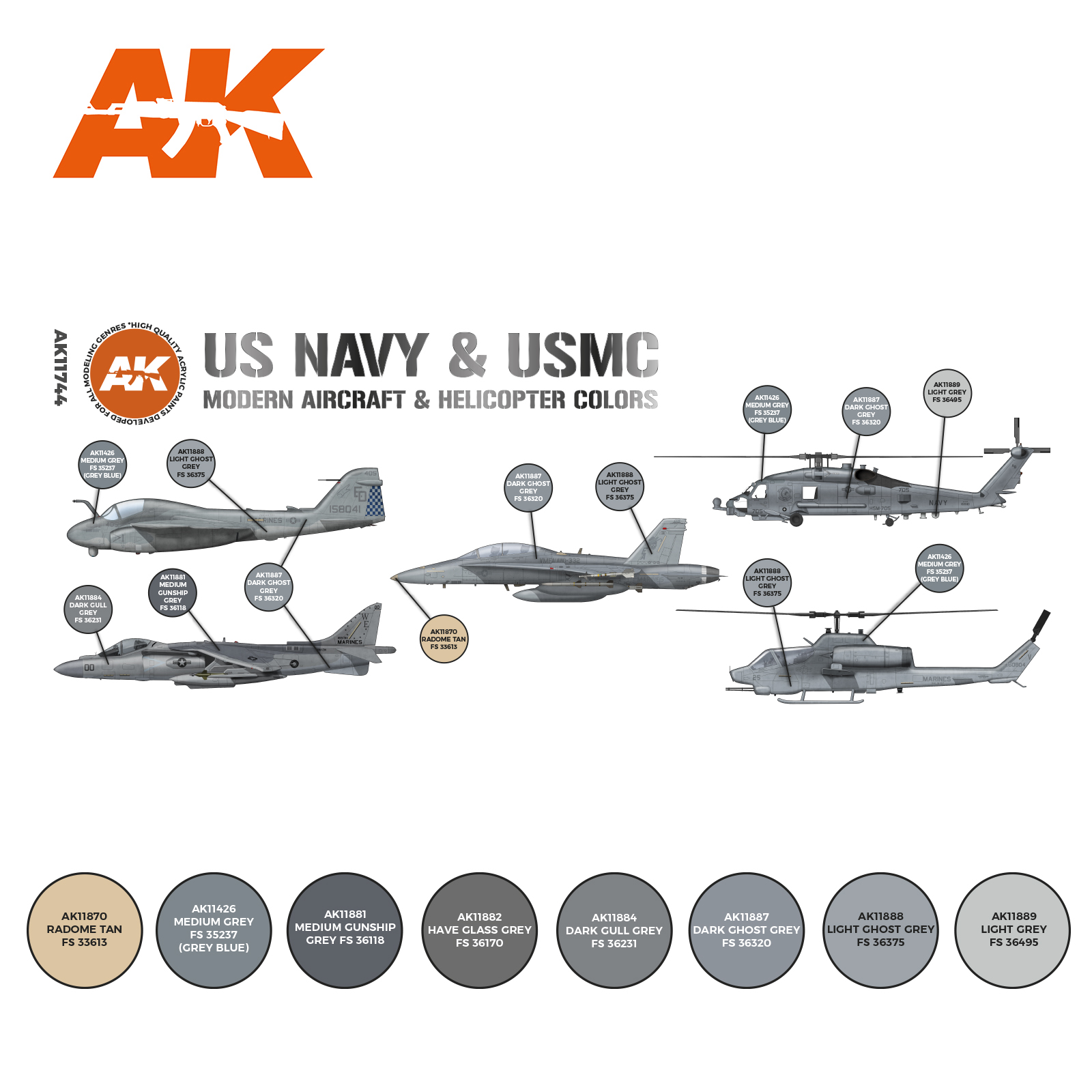 AK11744 Набор красок US Navy & USMC Modern Aircraft & Helicopter SET 3G