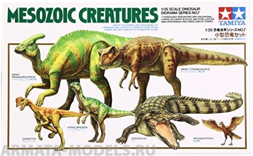 60107 Набор из 6-ти мезозойских животных (Детеныши паразауролофа и тираннозавра, овираптор, гипсилодон, крокодил и птица археоптерикс) Tamiya