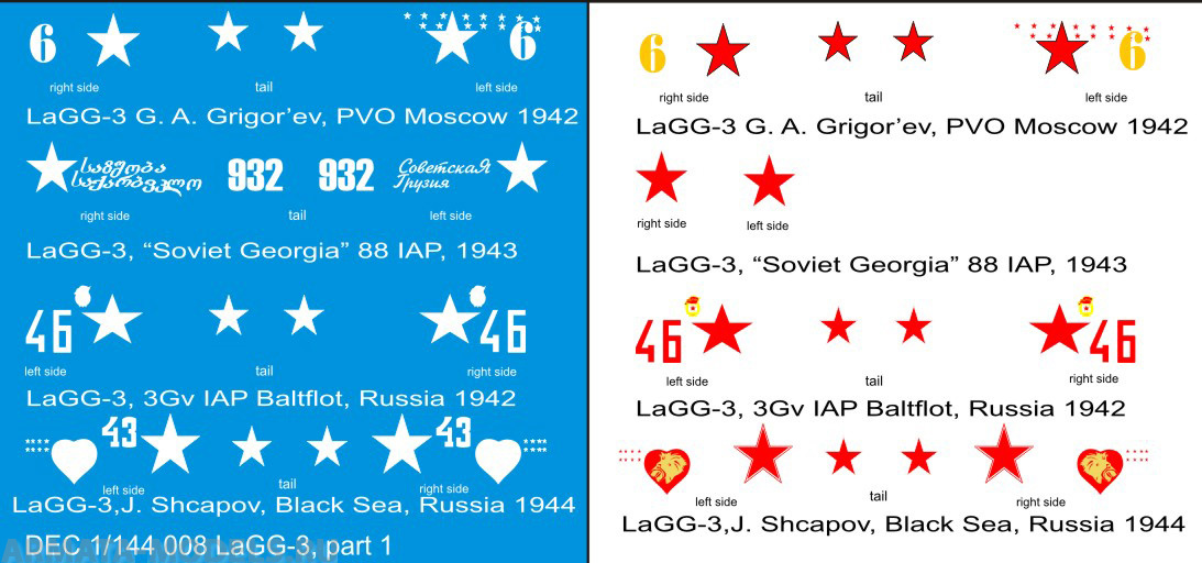 DEC1/144-008 Декаль 1/144 именные варианты на самолет  ЛаГГ-3