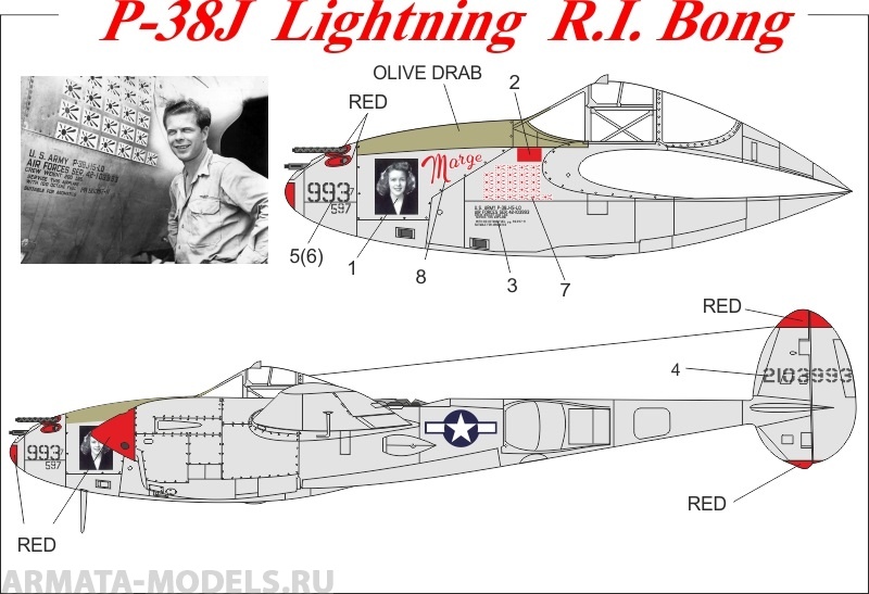 UR3243 Декали для P-38J Lightning R.I. Bong