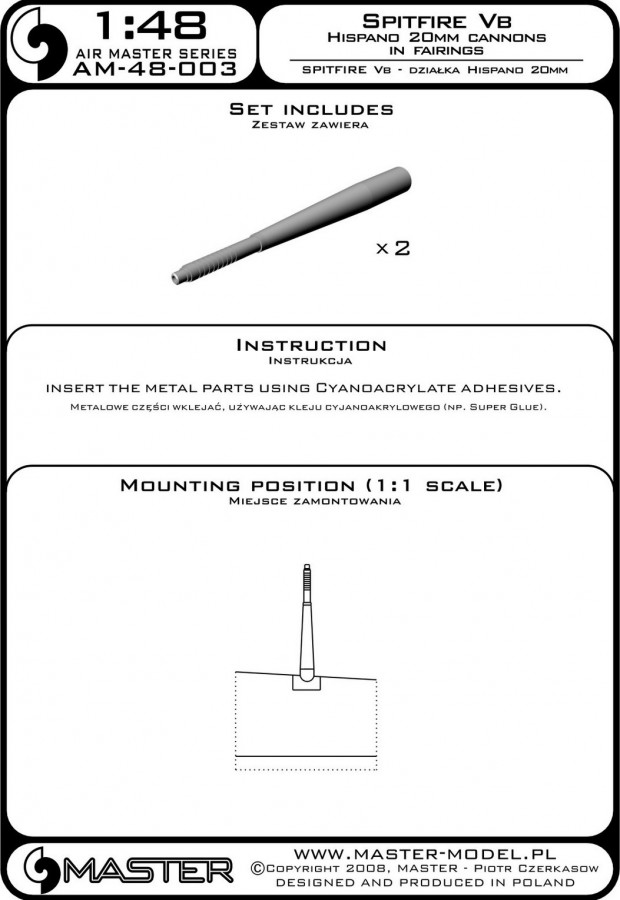 AM-48-003 Набор из 2 стволов 20мм пушки Hispano с пламегасителем для истребителя Supermarine Spitfire Vb