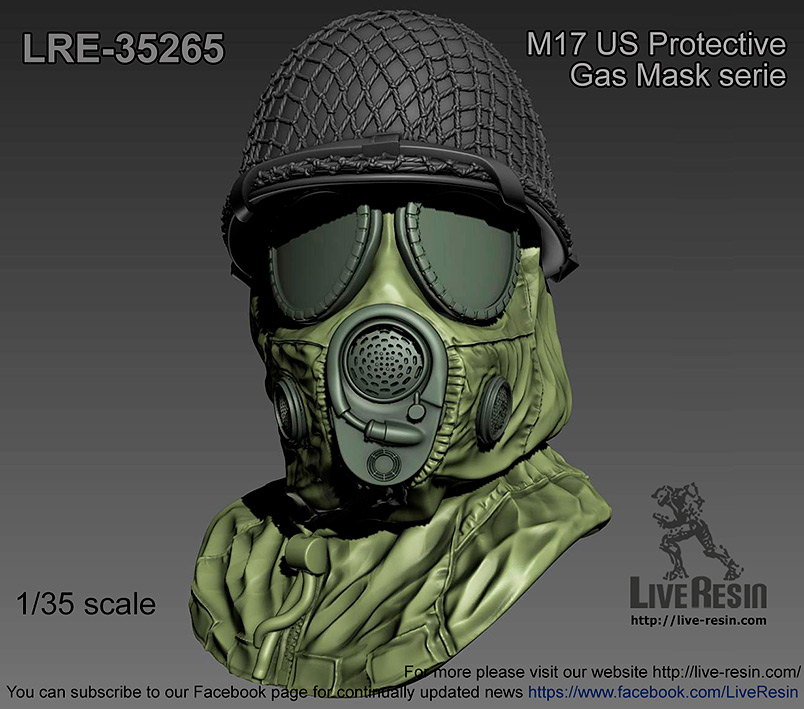 LRE35265 Противогаз M17 US с капюшоном комплекта ядерной, биологической и химической защиты. Два варианта положения головы.