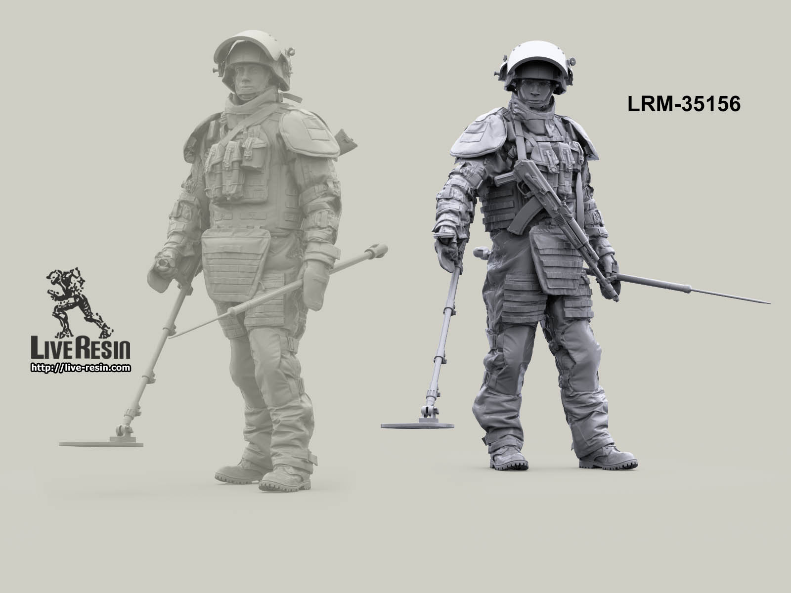 LRM35156 Современный Российский сапер в тяжелом костюме разминирования с миноискателем и щупом -1 (Не для свободной продажи) Live Resin