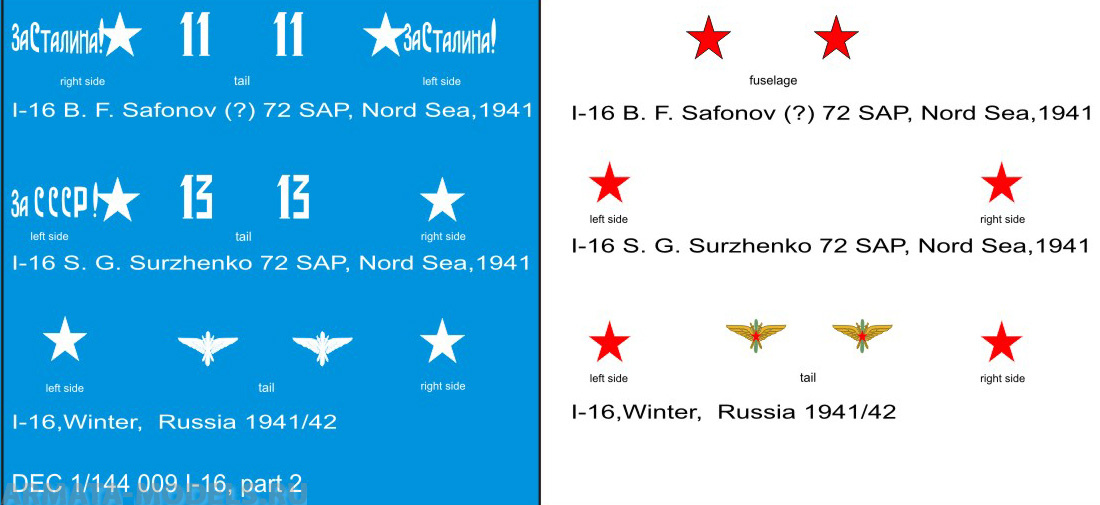 DEC1/144-009 Декаль 1/144 именные варианты на самолет  И-16
