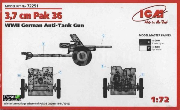 72251 3,7 cm Pak 36 WWII German Anti-Tank Gun, немецкая противотанковая пушка ICM