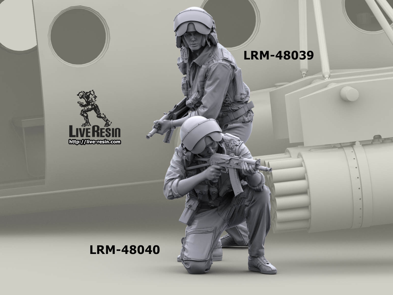 LRM48040 Советский пилот вертолета покидающий разбитую машину, ведет огонь из АКМС, фигура 9 Live Resin