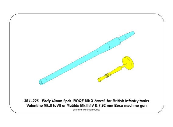 ABR-35-L-226  Дополнения для  Early barrel for Valentine Mk.II to VII or Matilda Mk.III/IV with Besa MG barrel для Tamiya, MiniArt 1/35