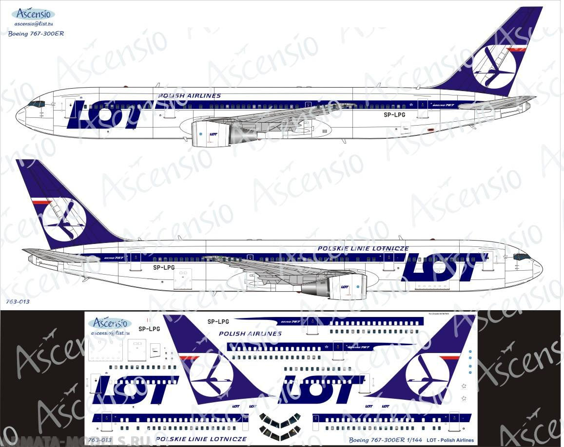 763-013 Декаль для самолета Boeing 767-300 LOT - Polish Airlines 1/144
