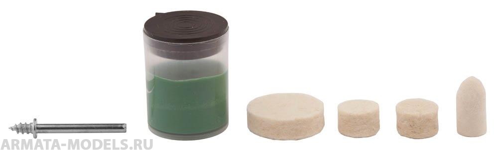 35942-H6 Мини-набор Круг полир фетр 12,5x9,0мм 2шт,25х6,0,тверд фетр 10х19,0мм,оправка d3,2,L38мм,полир паста в пласт боксе