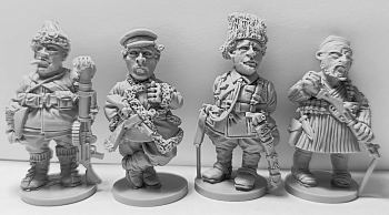 CHM-50.17. Шаржевая миниатюра. Гражданская война в России: Антибольшевистские формирования, 1917-22 гг. В комплекте 4 фигуры. 50 мм. Материал - смола.